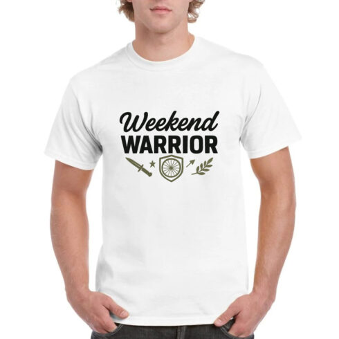 Weekend Warrior Shield Sword Arrow T-Shirt Design cover image.