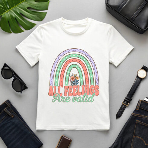 All Feelings Are Valid Quote with Rainbow and Flowers for Mental Health Awareness Graphic t shirt design cover image.