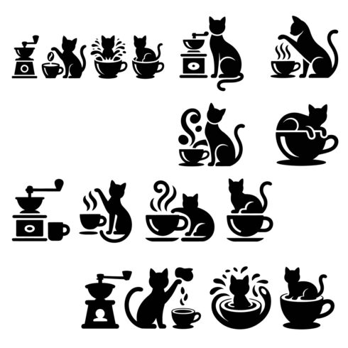 Black cat coffee icons grinder bean vector cover image.
