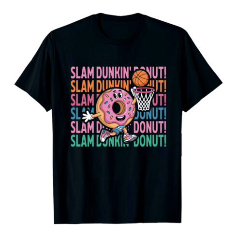 Cartoon donut playing basketball dunking slam dunk Basketball T-Shirt Design EPS AI PDF SVG PNG cover image.