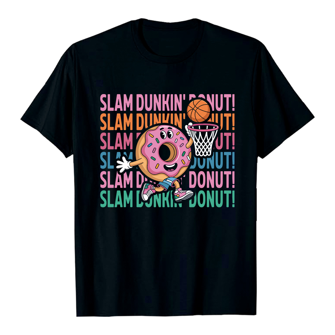 Cartoon donut playing basketball dunking slam dunk Basketball T-Shirt Design EPS AI PDF SVG PNG cover image.