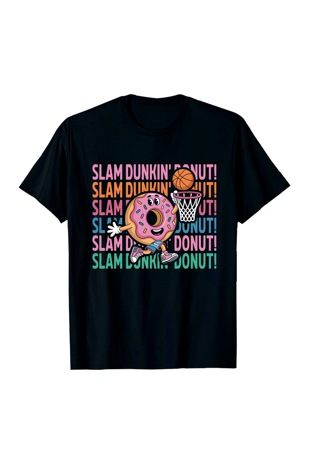 Cartoon donut playing basketball dunking slam dunk Basketball T-Shirt Design EPS AI PDF SVG PNG pinterest preview image.