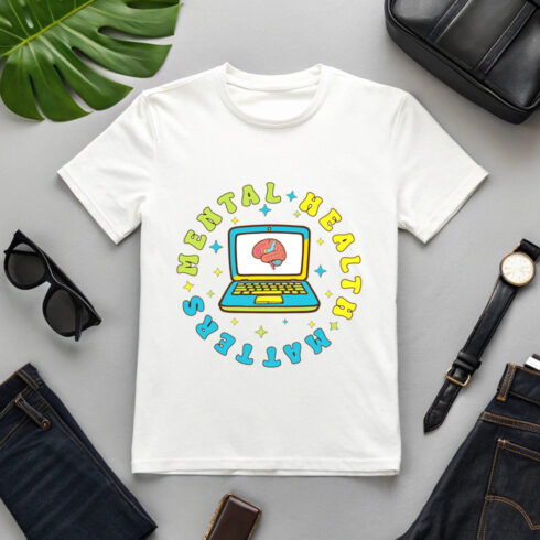 Colorful Mental Health Matters Typography Design with Brain and Laptop Illustration for Awareness Merchandise Graphic t shirt design cover image.
