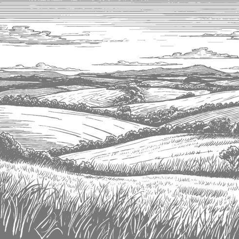 Vintage Engraving of Rolling Countryside Hills and Farmland cover image.