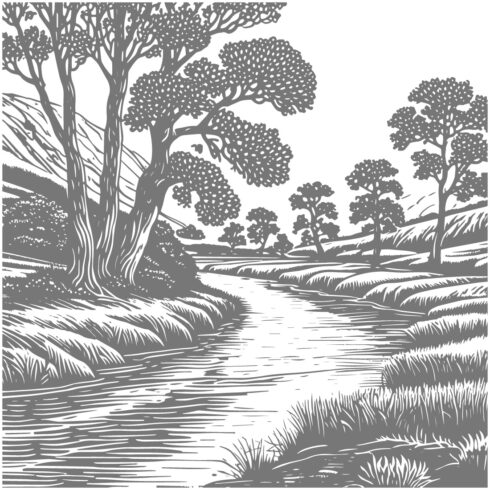 Vintage Engraving of Rolling Countryside Hills and Farmland cover image.