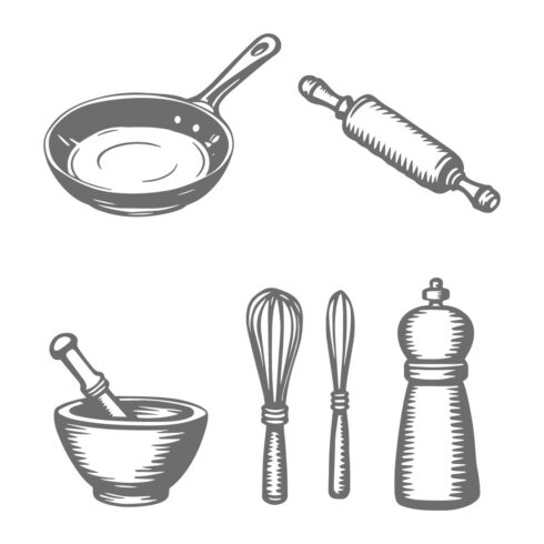 Kitchen Utensils Black and White Vector Illustration cover image.