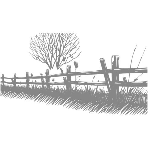 Rustic Wooden Fence with Bare Tree – Countryside Monochrome Illustration cover image.