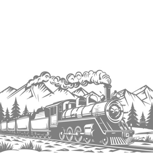 Monochrome illustration of a vintage steam train traveling through a mountainous landscape cover image.