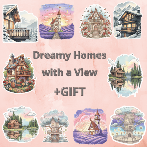 Dreamy Homes with a View | Scrapbooking Sticker Pack | PNG Files cover image.