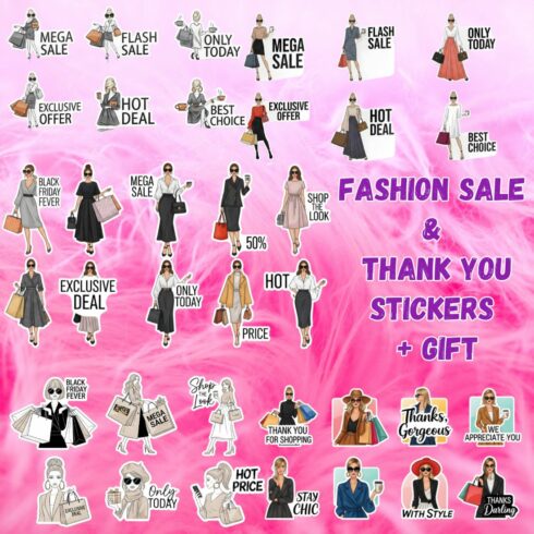 Fashion Sale & Thank You Sticker Bundle | PNG Stickers 6000x3270 px + GIFT cover image.
