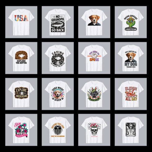 16 Print ready Trendy Graphic T-Shirt Bundle with Funny, Dog, Skull, and Holiday Designs T-Shirt Graphic Design T-Shirt Design PNG Bundle cover image.