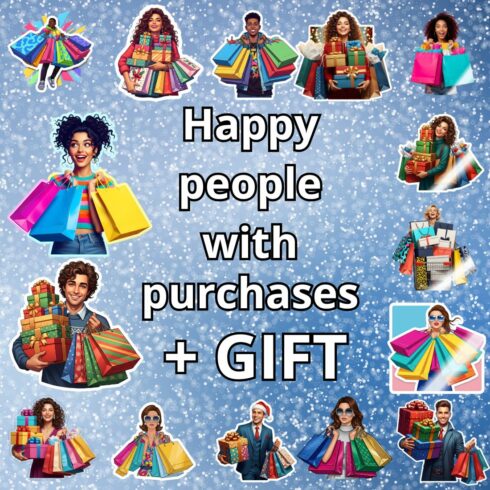 Happy People with Purchases Sticker Pack + Bonus Gift | Shopping PNG Bundle cover image.