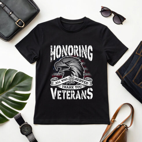 Honoring Veterans t shirt design with american eagle and patriotic flag perfect for merchandise cover image.