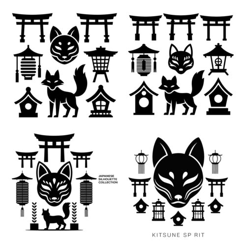 Japanese Kitsune Fox Masks Torii Gates Lanterns Shrines vector cover image.