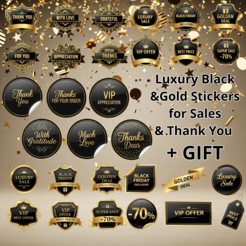 Luxury Black & Gold Stickers Bundle | Sales, Thank You & Bonus Gift Labels (PNG, Transparent Background) cover image.