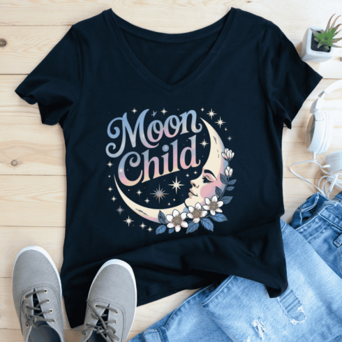 Moon Child Celestial and Floral T-shirt Design cover image.