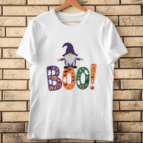 Spooky Cute Gnome, Ghosts, and Pumpkins T-shirt Design cover image.