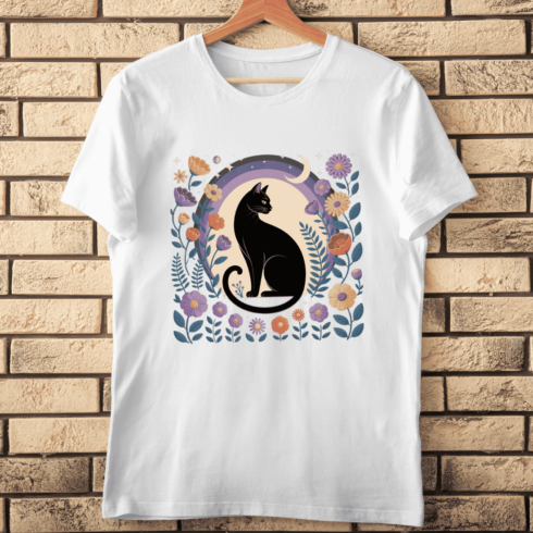 Mystical Cat with Crescent Moon and Star T-shirt Design cover image.