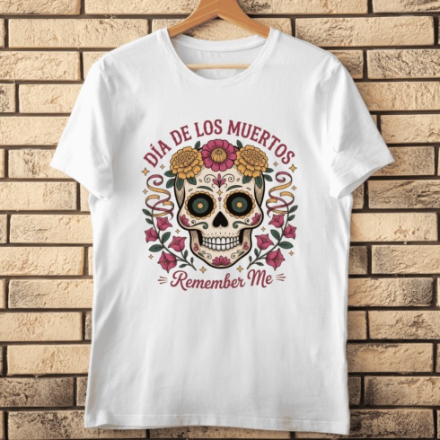Colorful Day of the Dead Skull with Flowers T-shirt Design cover image.