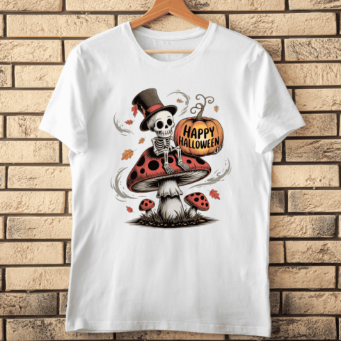 Skeleton with Pumpkin and Mushrooms T-shirt Design cover image.