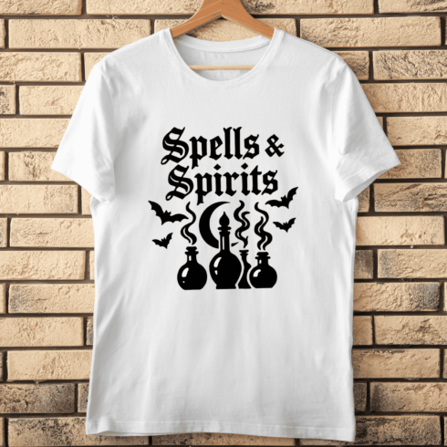 Mystical Typography with Potion Bottles T-shirt Design cover image.