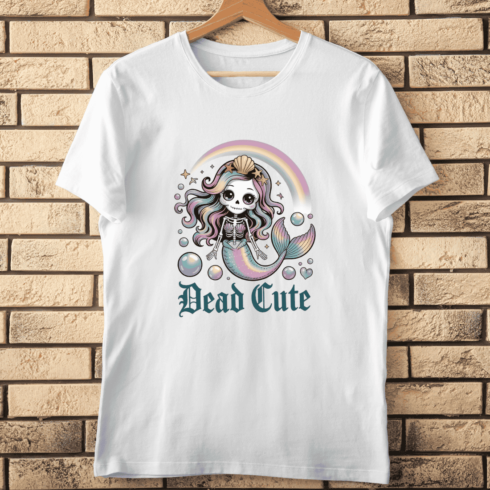 Skeleton Mermaid and Rainbow T-shirt Design cover image.