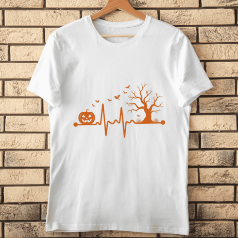Spooky Heartbeat with Pumpkin and Tree T-shirt Design cover image.