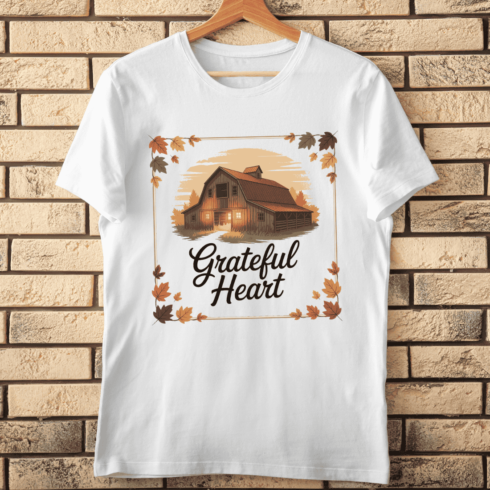 Grateful Heart Fall Barn with Autumn Leaves T-shirt Design cover image.