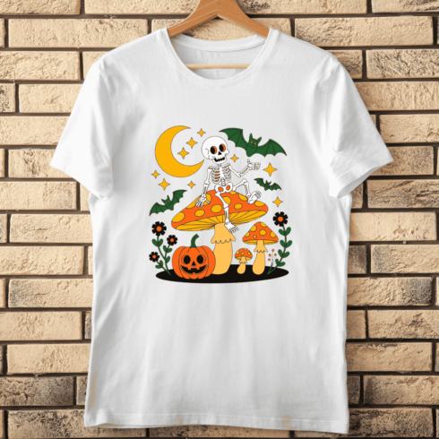 Cute Skeleton on a Mushroom T-shirt Design cover image.