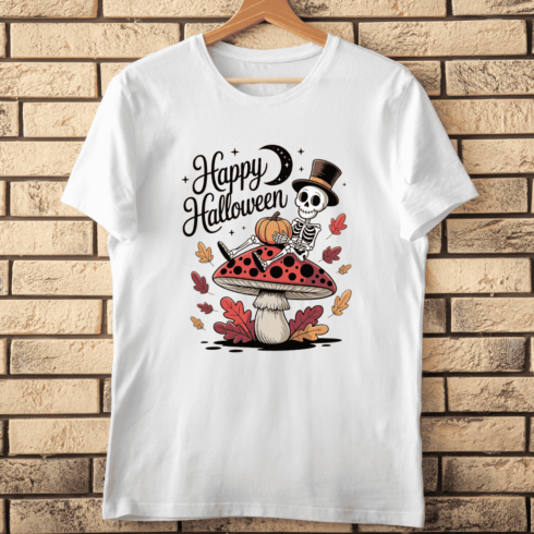 Cute Skeleton and Jack-o'-Lantern on Mushroom T-shirt Design cover image.