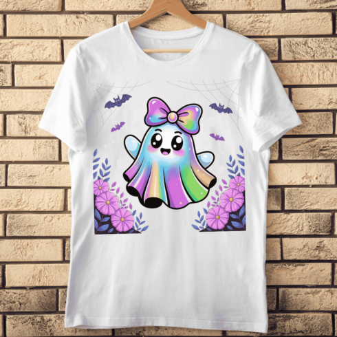 Cute Ghost with a Holographic Bow T-shirt Design cover image.