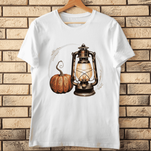 Vintage Lantern and Carved Pumpkin T-shirt Design cover image.