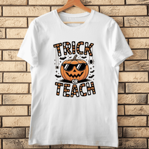 Pumpkin with Sunglasses for Teachers T-shirt Design cover image.
