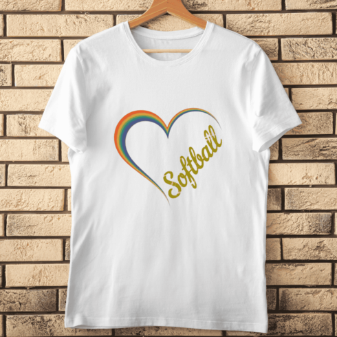 Rainbow Heart with Softball Text T-shirt Design cover image.