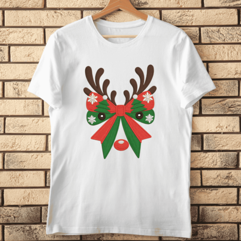 Embroidered Reindeer with Bow and Antlers T-shirt Design cover image.