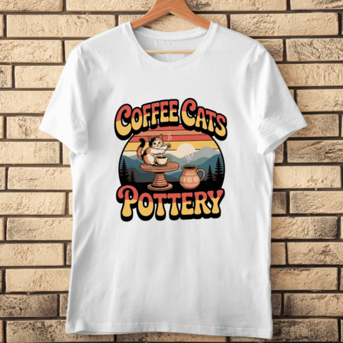 Coffee, Cats, and Pottery Retro T-shirt Design cover image.
