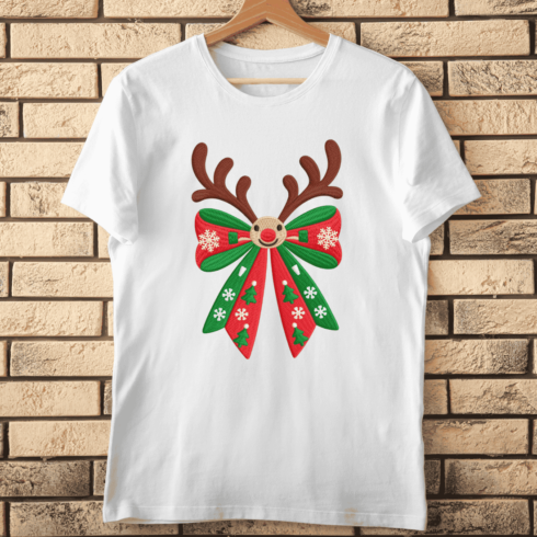 Festive Bow with Reindeer Antlers T-shirt Design cover image.