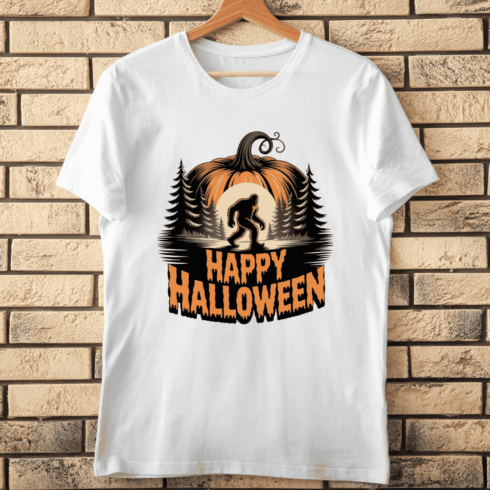Bigfoot Silhouette in Pumpkin Forest T-shirt Design cover image.