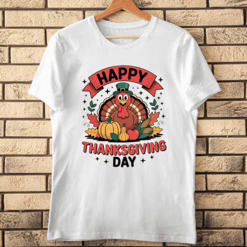 Happy Thanksgiving Day with Turkey and Pumpkins T-shirt Design cover image.