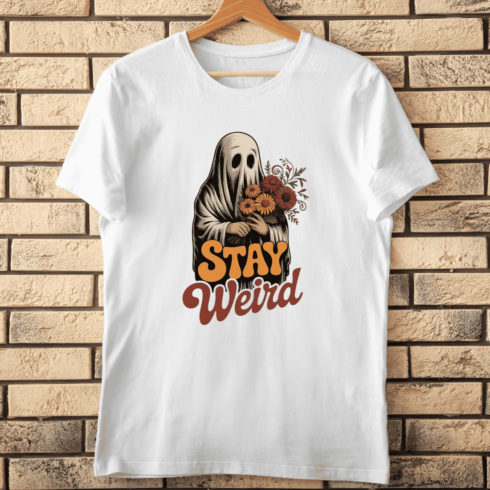 Stay Weird Ghost with Flowers T-shirt Design cover image.