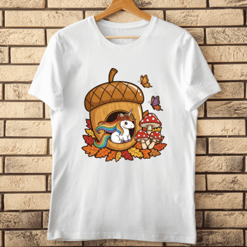 Fantasy Acorn House with Unicorn T-shirt Design cover image.