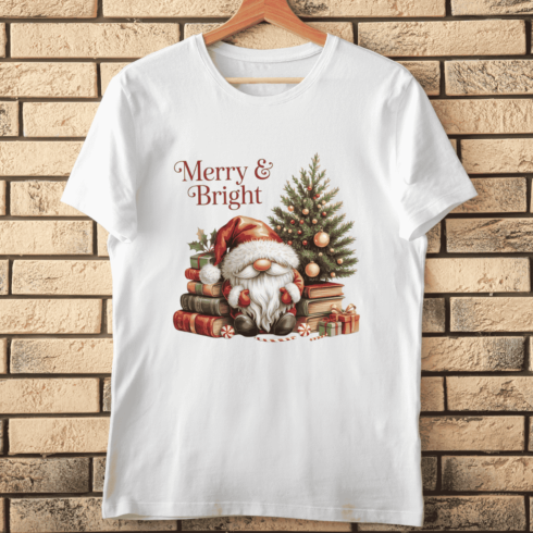 Merry & Bright Holiday Gnome T-shirt Design cover image.
