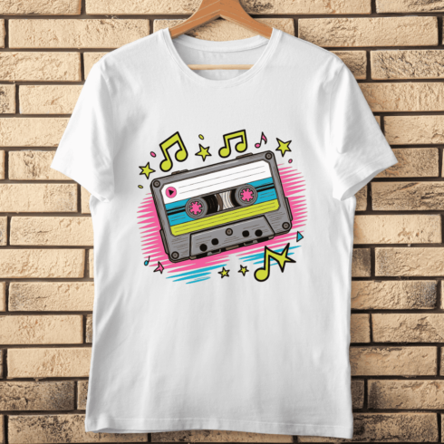 Retro 80s Cassette Tape and Music Notes T-shirt Design cover image.
