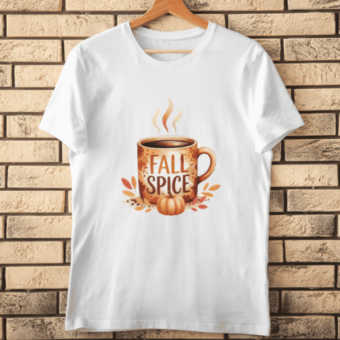 Cozy Fall Drink with Fall Spice Typography T-shirt Design cover image.