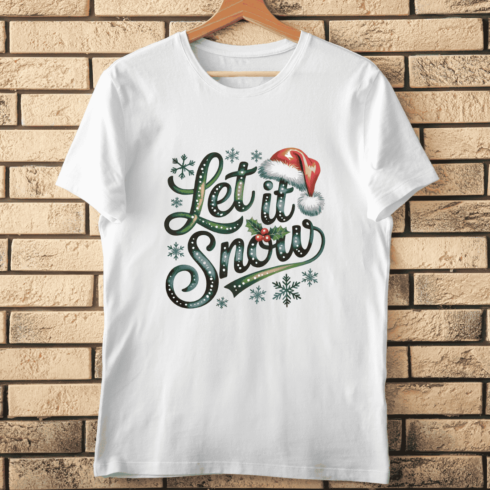 Let It Snow Quote with Festive Elements T-shirt Design cover image.