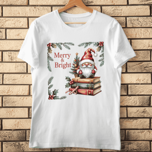 Festive Gnome Reading with Pine Tree T-shirt Design cover image.