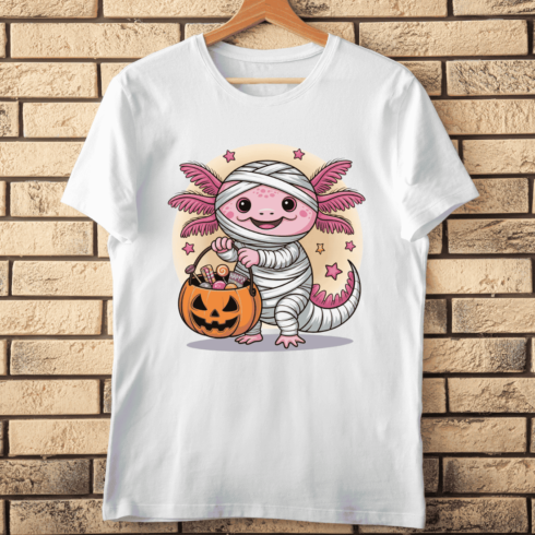 Spooky Cute Axolotl in Mummy Costume T-shirt Design cover image.