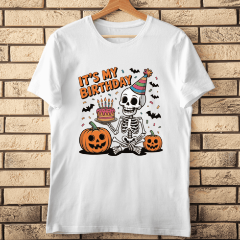 Birthday Celebration with a Funny Skeleton T-shirt Design cover image.