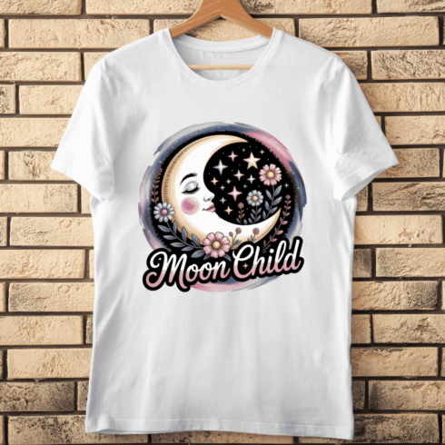 Whimsical Moon with a Moon Child T-shirt Design cover image.