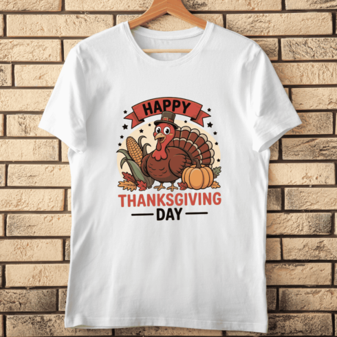 Happy Thanksgiving Turkey with Autumn Harvest T-shirt Design cover image.